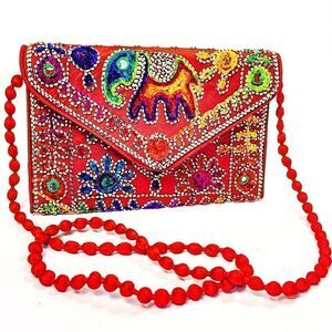 Red Textile Embroidered Envelope Clutch Purse India Elephant
